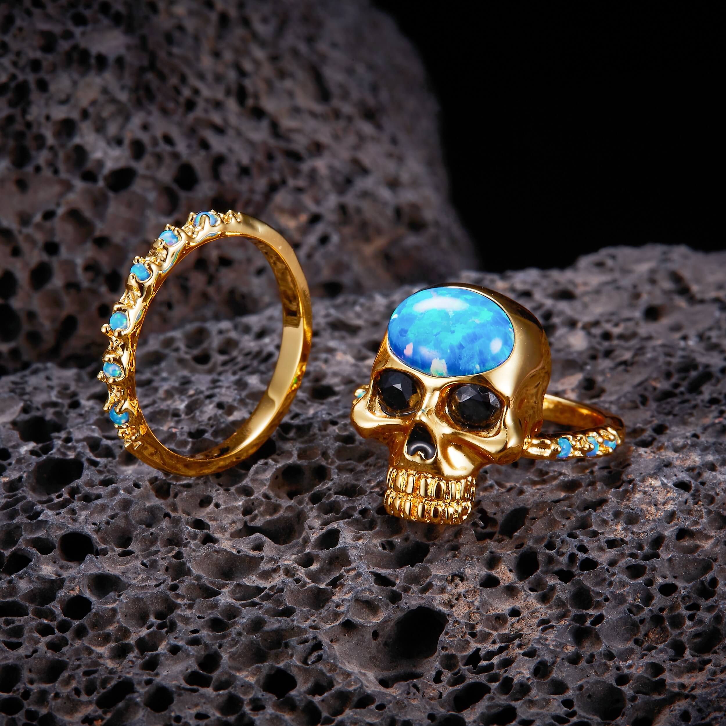 gold skull opal ring