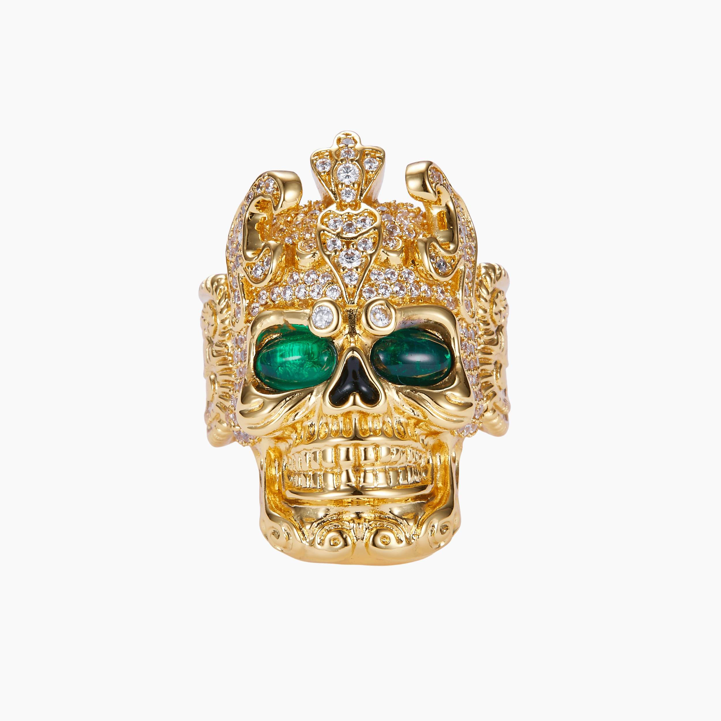 18k Gold Japanese Samurai Skull Ring with Green Emerald