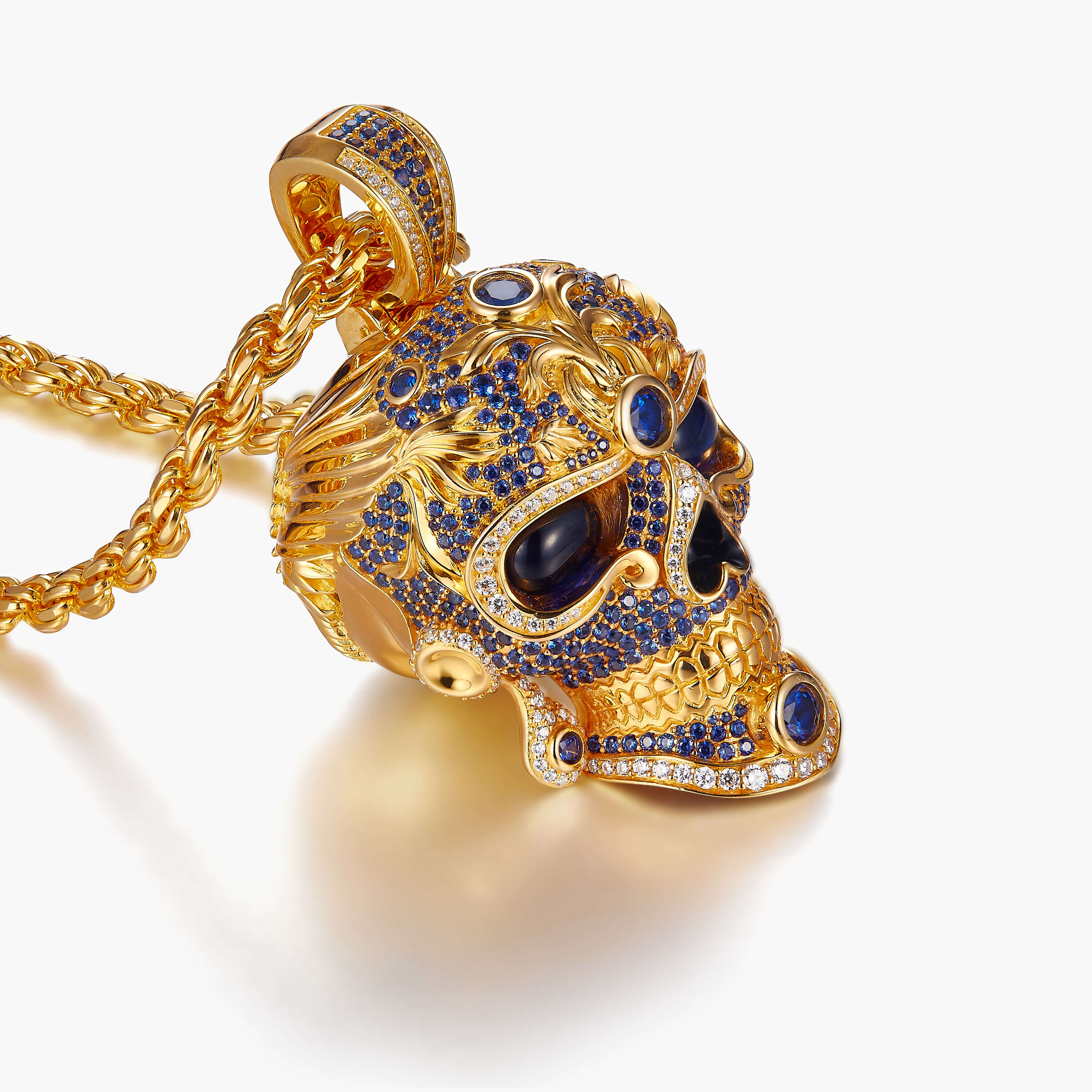 Japanese samurai gold skull skull necklace men gold skull necklace pirate necklaces demon necklace demon necklace for men skull king necklace Sapphire skull for men -lawzskull