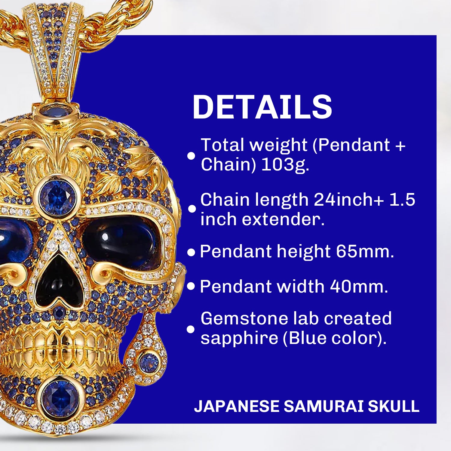Japanese samurai gold skull skull necklace men gold skull necklace pirate necklaces demon necklace demon necklace for men skull king necklace Sapphire skull for men 