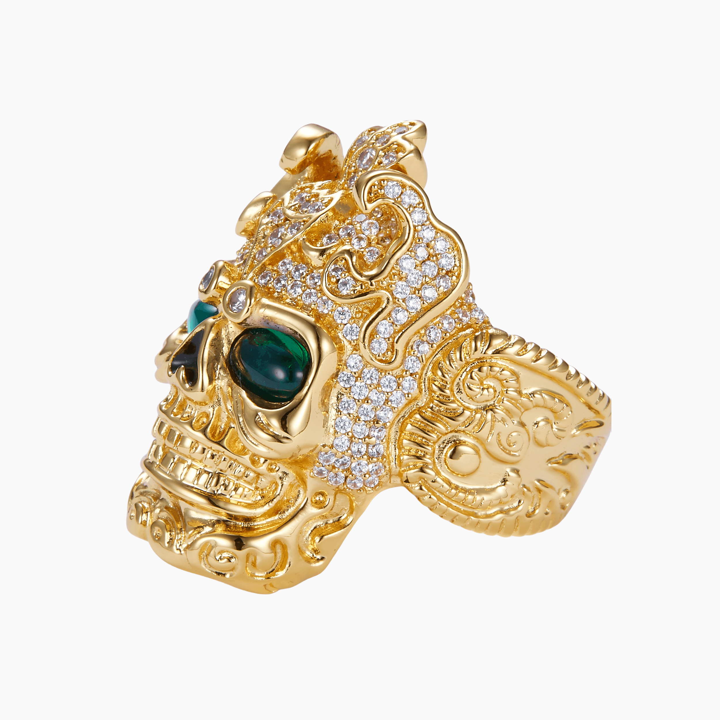 18k Gold Japanese Samurai Skull Ring with Green Emerald