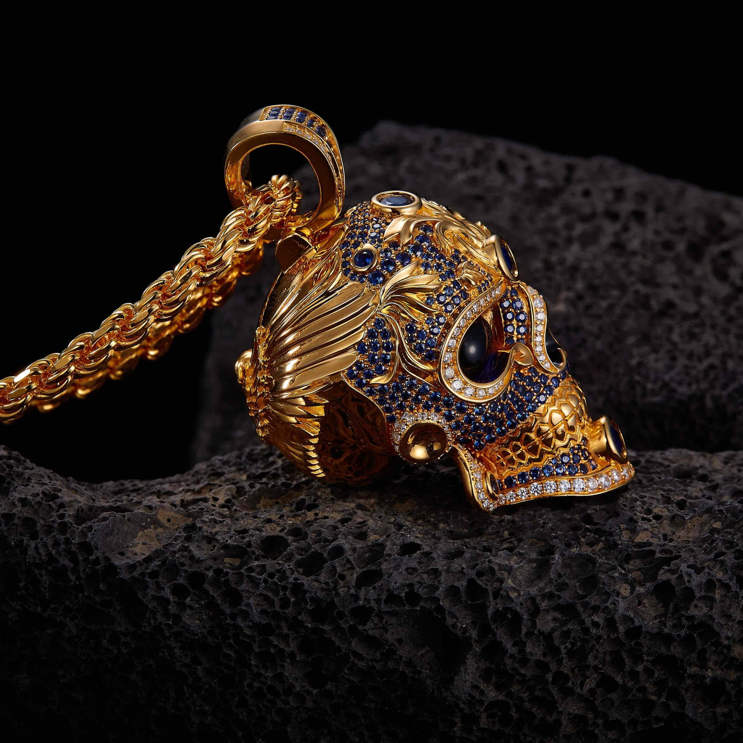 Japanese samurai gold skull skull necklace men gold skull necklace pirate necklaces demon necklace demon necklace for men skull king necklace Sapphire skull for men  -lawzskull